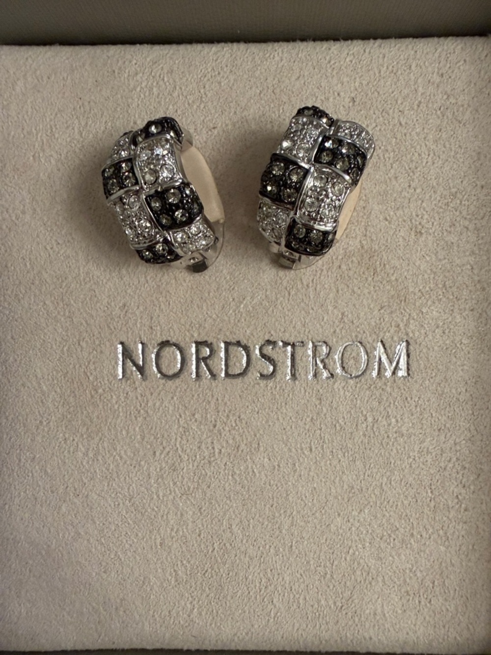 Clip On Silver-Tone Crystal Hoop Earrings with Black & Clear Stones